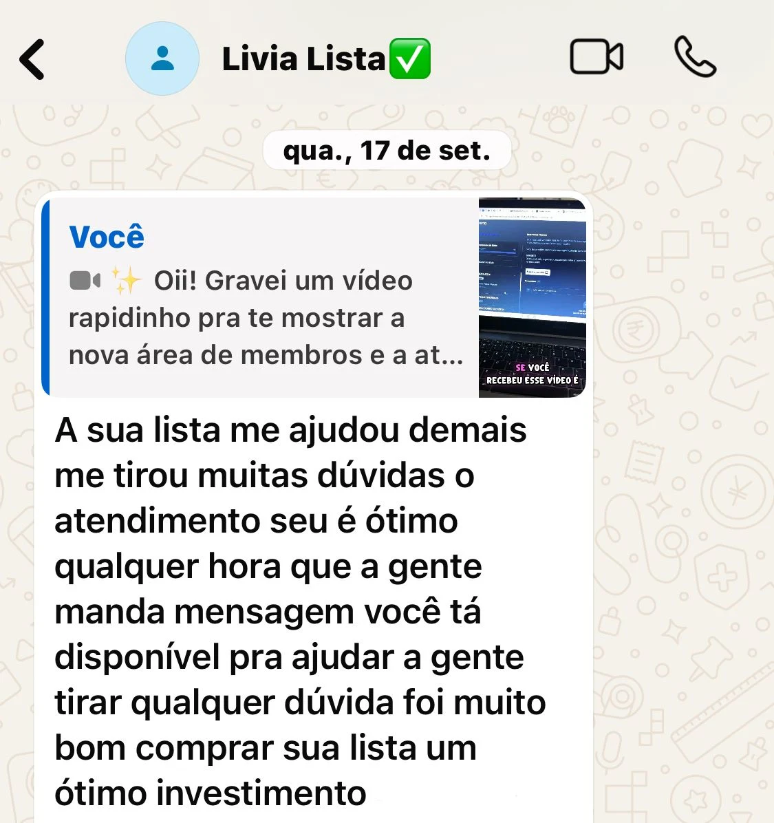 Feedback de Lívia sobre a lista e o atendimento